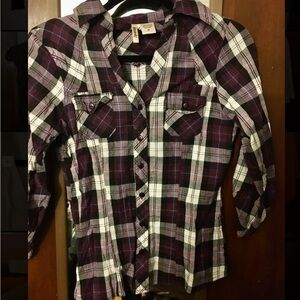 Women’s purple, black and white plaid button down